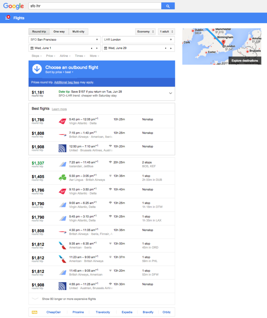 Flights prices to London, For a random pair of dates, for one person!