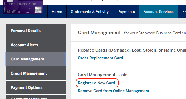 Card Management page: click register a new card