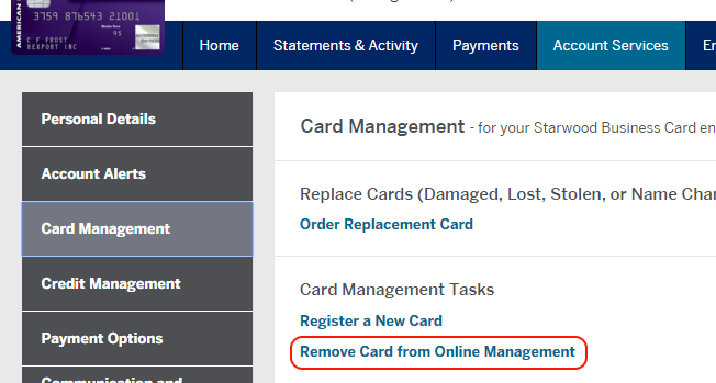 Click "Remove card from online management"