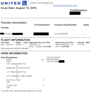 Receipt for UA booking me onto AA